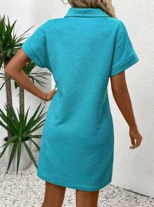EMERY ROSE Women's Solid Color Half-Zip Collared Button-Up Casual Dress - Blue - View 2