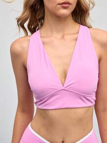 SHEIN Sports 女士纯色后背交叉运动文胸 - 粉色 - 查看 7
