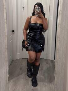 Slaydiva 2025 Spring/Summer New Arrival Music Festival, Easter, Western Bohemian Nashville Graduation Basic Versatile Casual Vacation Cruise Beach Sun Bathing Black Faux Leather Strapless Fringe Decor Fitted Waist Bodycon Plus Size Dress