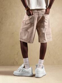 SUMWON Quần short denim thợ mộc nhiều túi tiện dụng Quần áo làm việc mùa hè phong cách Cargo kaki vải bạt rộng rãi - Màu Khaki - Xem 2