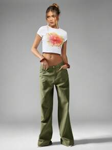 MISSGUIDED Wide Leg Denim Jeans Retro High Rise Baggy Pants Modern Casual Fall Bottoms - Green - View 5