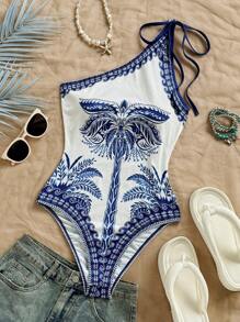 Soleia 女士休闲沙滩装、婚礼宾客装、毕业典礼装、早午餐装，优雅的波西米亚风热带椰子树印花露背前系带紧身衣，适合圣帕特里克节、春假、复活节、音乐节 - 藍白色 - 查看 3
