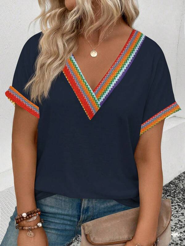 SHEIN Women Casual V-Neck Short Sleeve Colorful Graphic Print Patchwork Hem & Cuff Vintage Style Plus Size T-Shirt