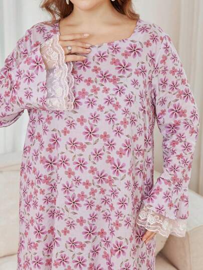 SHEIN Najma 大码女式花卉优雅蕾丝边长款派对连衣裙