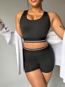 Easithlete 2pcs Plus Size Women Sports Set, Regular Bra With Racerback, Striped Panel With Sports Slogan, Contrasting Striped Waistband Shorts - Black - View 4