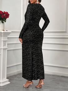 SHEIN Lady 长裙 闪光面料扭纹细节圆领长袖优雅秋冬圣诞派对女士连衣裙