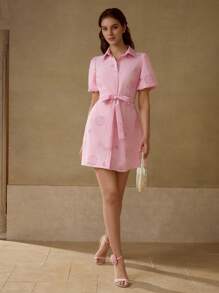 MOTF PREMIUM 纯色激光切割泡泡袖系腰带衬衫短裙 - 粉色 - 查看 6