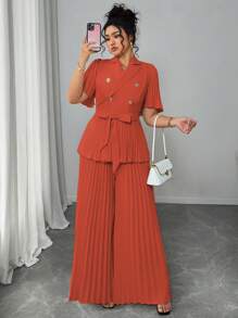 Elenzga Ensemble deux pièces femme grande taille élégant et simple d'été, avec un Top ample à manches courtes plissées et une jupe