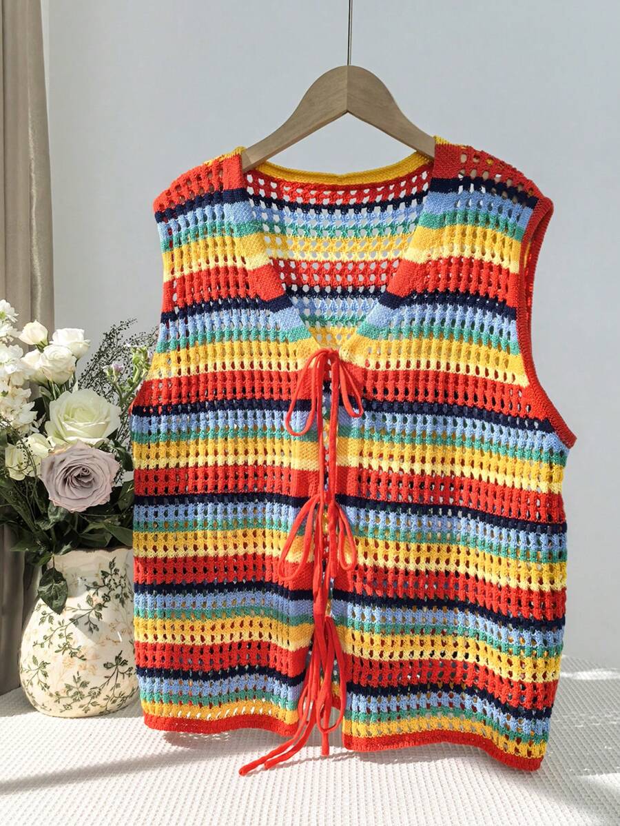 SHEIN EZwear Plus Size Rainbow Striped Loose Kimono Cardigan, Suitable For Summer Vacation - Multicolor - View 1
