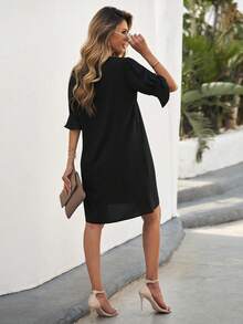EMERY ROSE Notched Neck Flounce Sleeve Tunic Dress - Black - View 2