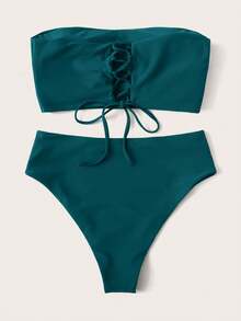 Swim Basics 2026 Special Fabric Women's Halter Backless Tie-Up Green Side High Cut 2 Pieces Bikini Swimsuit, Spring/Summer - Teal Blue - View 5