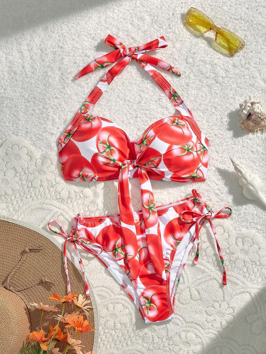 SHEIN MOD 番茄印花结饰前挂脖两件套比基尼套装 - 彩色 - 查看 1