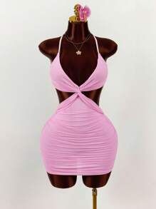 Amplova Party Dress Gold Dress  Christmas Women's Clothing Women's Solid Color Minimalist Everyday Cross-Tie Mini Dress - Pink - View 2