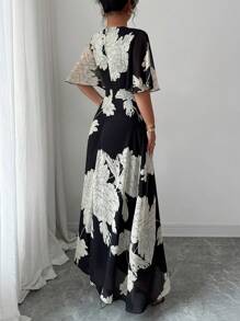 Modelyn Women's Elegant Spring/Summer Round Neck Ruffle Flare Sleeve Fitted Flowy Chiffon Dress - Black - View 2