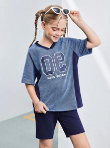 Girls' Casual Lightweight Washed Relaxed Fit Pieced Digit Print Top & Fitted Knit Denim Shorts, Minimalist Fashion Versatile For Daily Wear - Light Wash - View 1