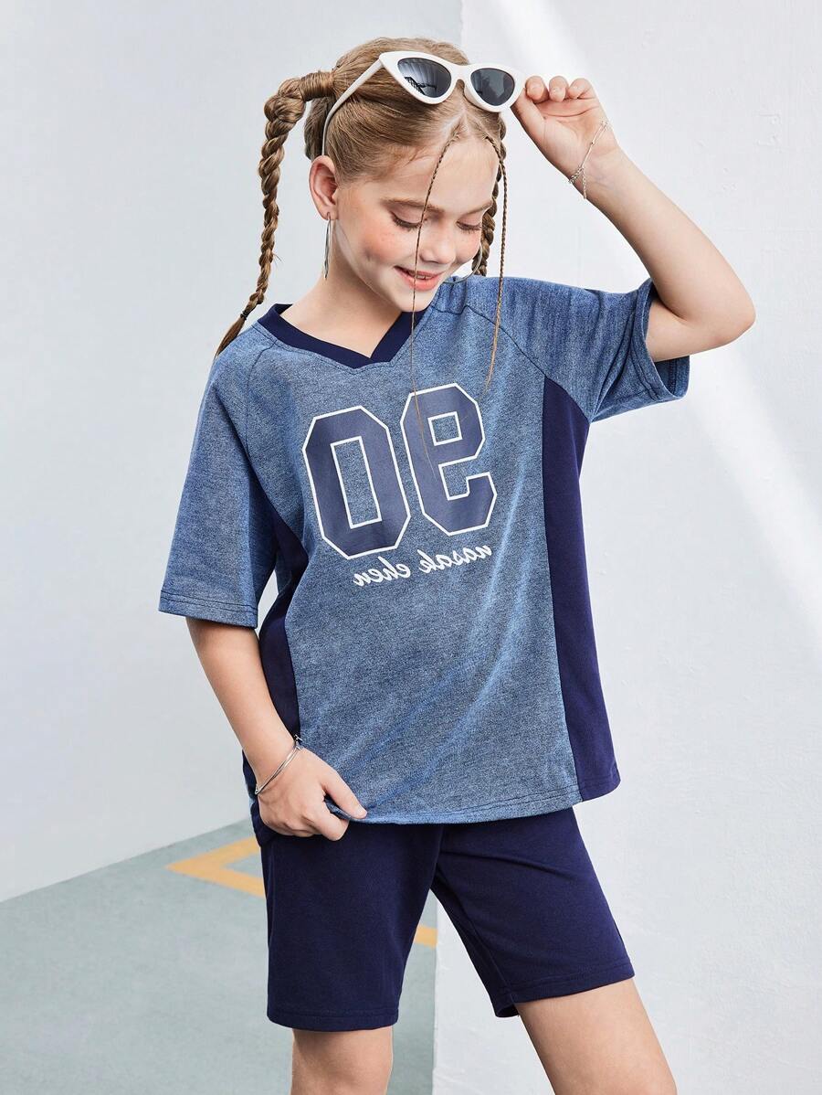 Girls' Casual Lightweight Washed Relaxed Fit Pieced Digit Print Top & Fitted Knit Denim Shorts, Minimalist Fashion Versatile For Daily Wear - Light Wash - View 1