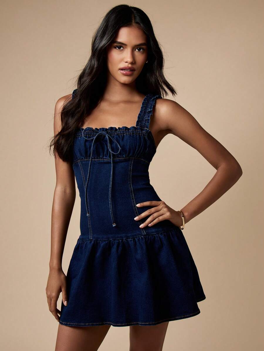 MISSGUIDED Boho Milkmaid Ruched Corset Fit And Flare Denim Mini Dress MISSGUIDED
