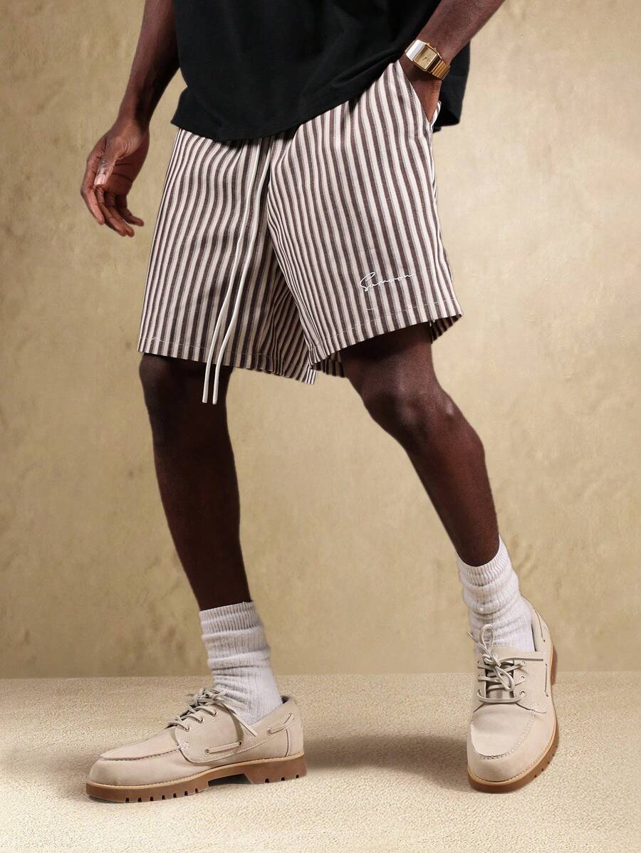 SUMWON Striped Pull On Drawstring Casual Walking Shorts Summer Athletic Workout Sport Fashion Bottoms With Pockets Everyday Comfort Resort Wear - Khaki - View 1