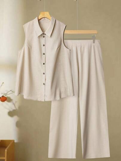 Linhara Conjunto de 2 piezas para mujer talla grande - Camisa y blusa sin mangas de estilo vintage en color lino, a juego con pantalones largos, adecuado para salidas casuales, atuendos de ocio retro, vacaciones