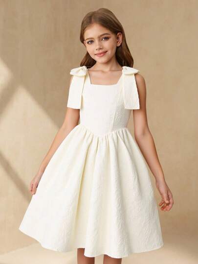 SHEIN Girls Elegant Floral Jacquard Cami Dress With Detachable Bowknot