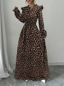 SHEIN PETITE فستان ماكسي طويل ذو استقامة ورفرفة وخصر مربوط طباعة فهد أنيق للمرأة، للربيع والخريف