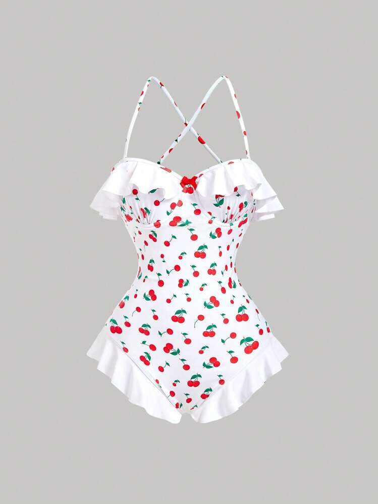 SHEIN MOD Ruffled Edge Pieced Cherry Print Color Block Bow