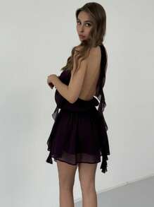Aloruh Women's Dark Purple Ruffle Trim Halter Mini Dress, 70s Style Summer Party Club Outfits,Solid Color Backless Vacation Holiday Beach Outfits - Purple - View 4