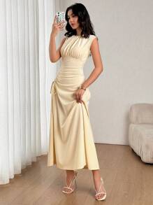 Firerie Women's Elegant Apricot Solid Color Round Neck Short Sleeve Pleated Waist Drawstring Casual Maxi Dress, Suitable For Summer Commute And Daily Wear, Business Casual Ladies' Easter Dress, Dignified,Graduation,Teacher Outfits For Women,Teacher Dress - Apricot - View 6