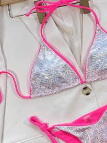 Swim SXY Bãi Biển Mùa Hè Ánh Kim Bộ Bikini Tương Phản Ràng Buộc Dây Tam Giác Áo Bra Top & Thắt Bên Bikini 2 Miếng Bikini - Bạc - Xem 4