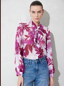 Aveloria Modichic Random Plant Print Tie Front Chiffon Long Sleeve Sheer Shirt, Summer Fall Cloth For Women - Multicolor - View 4