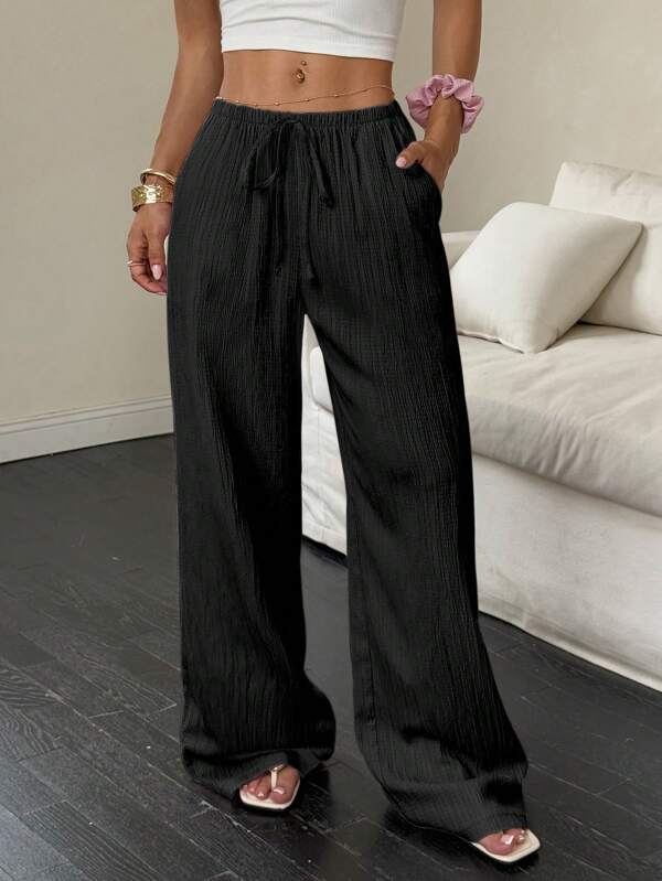 SHEIN PETITE Pantaloni largi pentru femei, culoare uni, cu buzunar și șnur, în talie