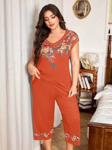 SHEIN Große Größen V-Ausschnitt Retro Muster Kurzarm Damen Lässig Nachtwäsche Loungewear Set, Outfits - Orange - Übersicht 5