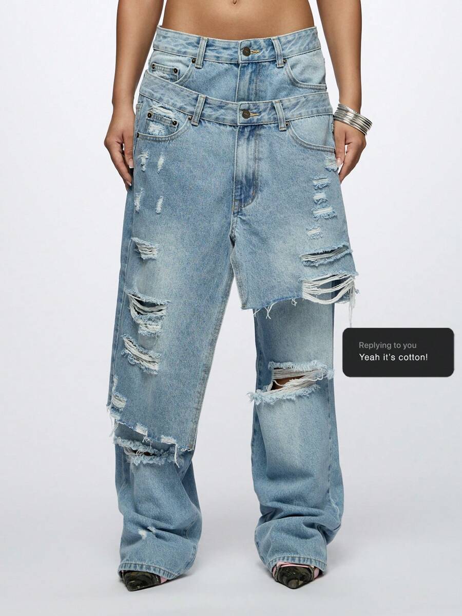 SUMWON WOMEN Wide Leg Distressed Jeans Y2K Fashion Double Waistband Ripped Boyfriend Style Raw Hem Street Wear Grunge Aesthetic Spring Summer Denim Pants - Baby Blue - View 1