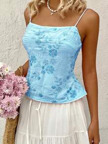 SHEIN EZwear Áo hai dây hở lưng đính hạt mùa hè dành cho nữ, thích hợp mặc trong ngày lễ - Màu xanh lam - Xem 3