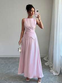 Chiquease 2 件套女士夏季优雅缎面低胸无袖上衣和喇叭中长裙套装，时尚套装 - 粉色 - 查看 3