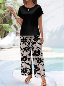 EMERY ROSE 2pcs/Set Women Casual Solid Color T-Shirt & Printed Pants, Spring/Summer Fall Clothes - Multicolor - View 2