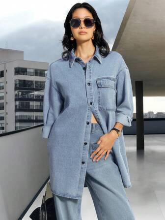 Daynim 女士休闲宽松蓝色长款牛仔衬衫