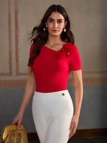 ZEYLAH Women 3D Flower Solid Color Simple T-Shirt, Fashionable For Summer - Red - View 5