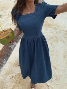 DAZY Vestido de mezclilla para mujer con cuello cuadrado, mangas abullonadas y cintura fruncida, estilo occidental de verano