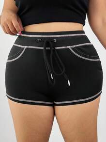 POPSWAY Plus Size Women Comfortable Casual Contrast Color Elastic Biker Shorts, Suitable For Summer - Black - View 4