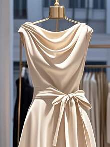 Franclia Women's Elegant Solid Color Waist Gathering Dress