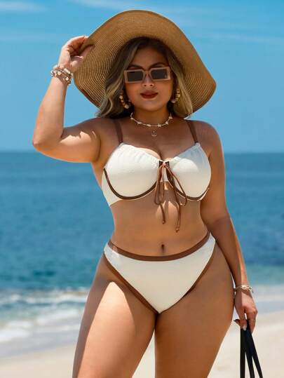 Swim Lushoire Bộ bikini có gọng màu tương phản họa tiết cho kỳ nghỉ hè trên bãi biển dành cho phụ nữ ngoại cỡ