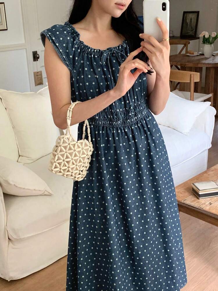 Women's Frill Waist Polka Dot Casual Denim Dress, Elastic Waist Cute Girl Summer Dress