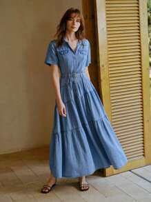 MOTF PREMIUM BELTED BUTTON UP SHORT SLEEVE DENIM DRESS - Blue - View 6