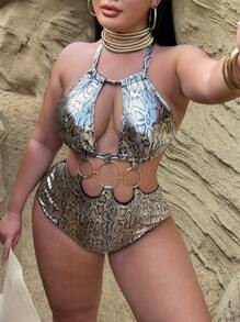 Swim SXY Plus Size Full Print Hoop Decor Hollow Sexy Halter One-Piece Swimsuit For Summer Beach Vacation
