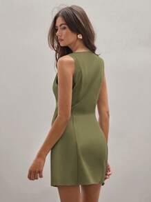 COSMINA Women's Casual Solid Color Single Breasted Sleeveless Mini Dress, Summer - Army Green - View 2