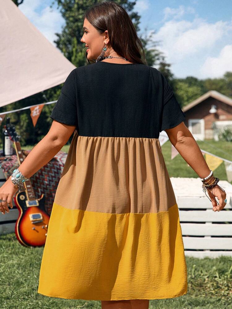Plus Size Women's Summer Holiday Boho Round Neck Ruffle Sleeve Contrast Color Casual Dress,Country Concert Outfit,Summer Holiday,Vacation Outfits Women,Simple And Fashionable For Everyday Wear,Vacay Vibes,Springbreak,Casual Wear SS,Bohemia,Western Wear Women ,Concert Outfit Women,Summer Dresses For Women,Dresses Casual,Flowy Dress