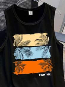 SHEIN 青少年男童针织简约时尚日落色块棕榈阴影印花无袖背心，适合夏季、海滩、度假、户外活动