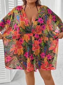 SHEIN CURVE+ Plus Size Women Summer Tropical Floral Print Loose V-Neck Crossed Beach Cover-Up, Swimwear, Casual Vacation Wear, SPF Protection Beach Outfits For Woman/Beach Dress/Beach Vacation Outfits/Beach Essentials / Graduation/Tea Party Dress Summer/Country/Beach Vacation Outfits/Beach Outfits/Beach Wear, Country Concert Outfit - Multicolor - View 8