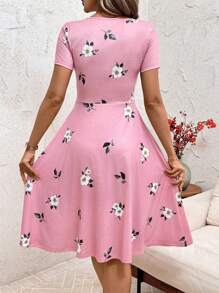 SHEIN Clasi V-Neck Button Red Polka Dot Waist Cinched Women Dress,Spring Clothes,Valentine's Day Dress,Dresses For Women Summer - Pink - View 2